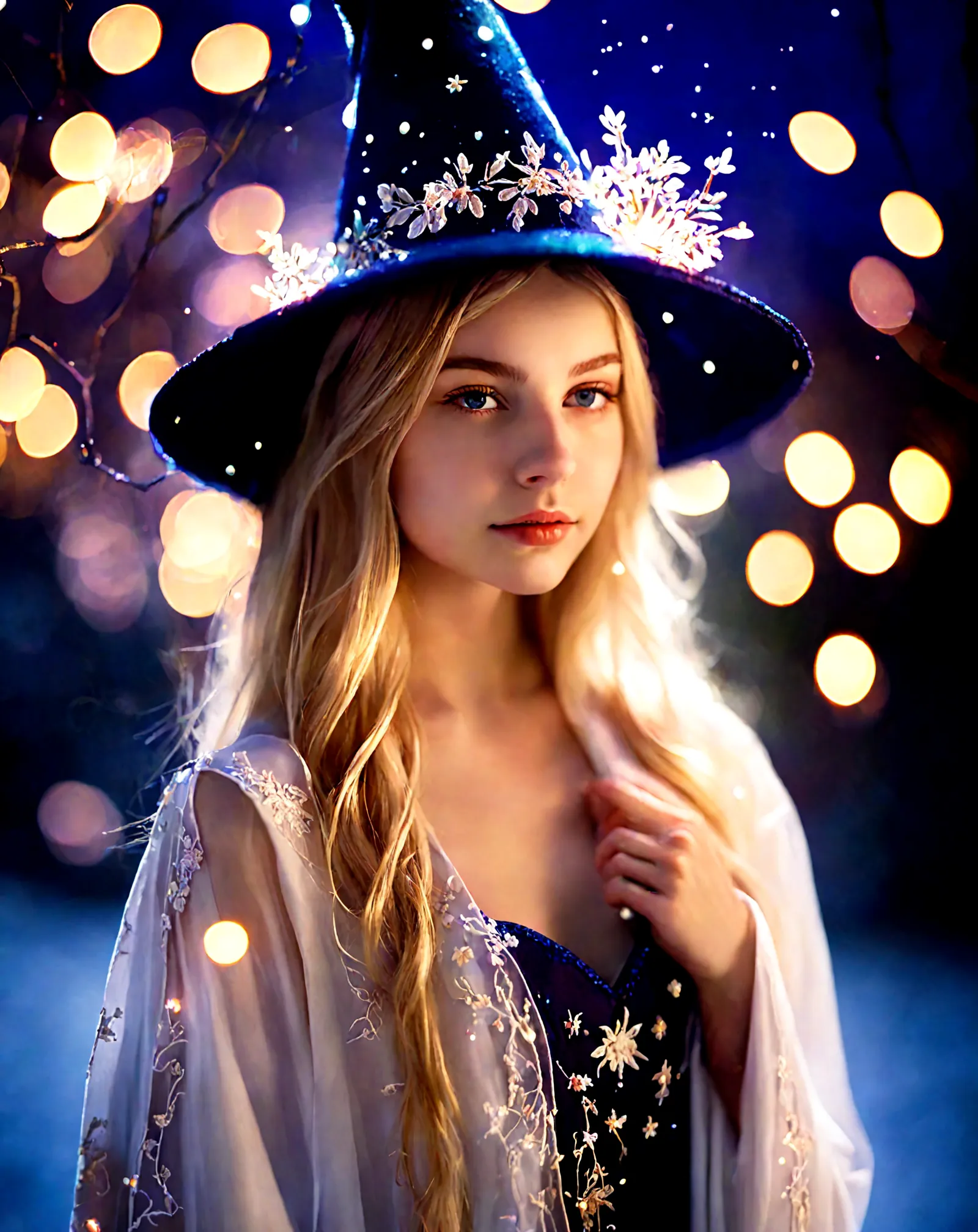 photo, pretty teen blonde girl, wizard hat, sexy Robe with delicate embroidery,  midnight, bloom, ambient occlusion, glow,...